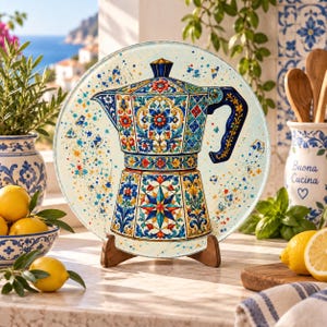 May include: A circular glass cutting board featuring a vibrant, multi-colored illustration of a moka pot. The design showcases intricate floral and geometric patterns in shades of blue, yellow, and red, set against a cream background with colorful speckles.