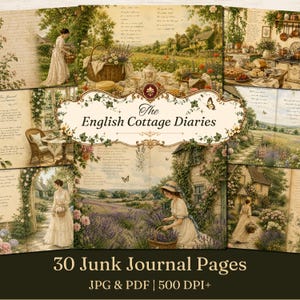 Può includere: Una raccolta di 30 pagine per junk journal intitolate The English Cottage Diaries, con illustrazioni in stile vintage di donne in abiti lunghi, giardini fioriti, cottage in pietra e testo scritto a mano in formati JPG e PDF a 500 DPI.
