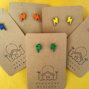 Small Lightning Bolt Stud Earrings, Handmade Colourful Statement Jewellery,  Lightweight for all day wear, Made using Sustainable Materials