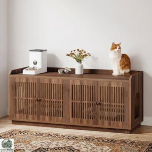 Extra Large Hidden Cat Litter Box Furniture Console Table with Storage Cabinets Side Entry