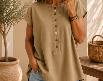 Boho Button Front Blouse Women Loose Fit Summer Top Casual Oversized Tunic Shirt