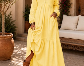 Boho Maxi Dress Women Long Sleeve Tiered Dress Flowy Cottagecore Fall Outfit