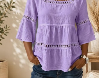 Boho Lace Blouse Women Square Neck Top Bell Sleeve Tunic Casual Summer Shirt
