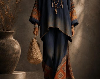 Boho Kaftan Set for Women,Ethnic Lounge Wear, Loose Fit Tunic Wide Leg Pant