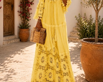 Boho Lace Maxi Dress Women Beach Cover Up Tassel Dress Resort Vacation Outfit