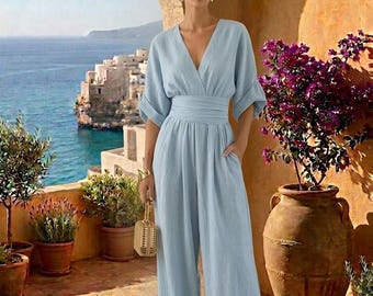 Linen Blend Wide Leg Jumpsuit for Women, Elegant V Neck Belted Summer Outfit