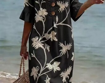 Women Floral Print Cotton Linen Midi Dress Casual Beach Summer Boho Outfit