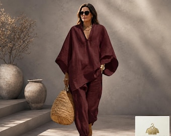 Light Blue Linen Lounge Set for Women, Relaxed Beach Vacation Outfit, Boho Style