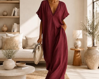 Black Cotton Maxi Dress for Women, Loose Fit Boho Kaftan Lounge Vacation Dress