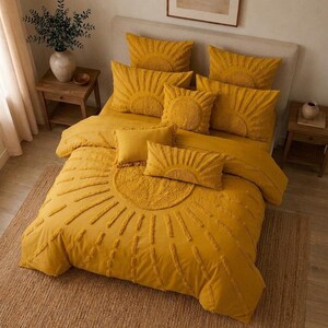 Mustard Yellow Sunburst Duvet Cover, Boho Celestial Bedding Set, Textured Comforter