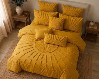Funda nórdica con estampado de rayos de sol en amarillo mostaza, juego de ropa de cama estilo bohemio celestial, edredón texturizado.