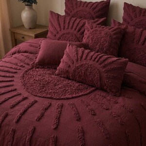 Tufted Burgundy Sunburst Duvet Cover, Boho Celestial Bedding Set
