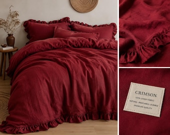 Crimson Ruffled Linen Duvet Cover Set, Stonewashed Deep Red Comforter Shams