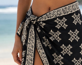 Handblock Printed Cotton Sarong, Black Floral Beach Cover Up, Boho Summer Skirt