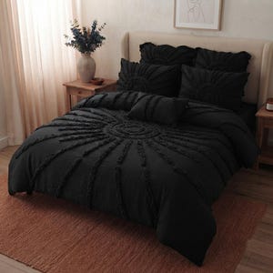 Svart tuftat påslakanset med solsken, boho himmelsk sängkläder, indie sovrumsinredning king size queen size