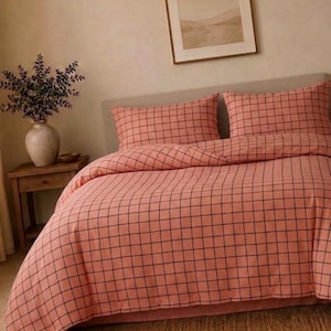 Può includere: Un copripiumino color pesca e due federe abbinate con un motivo a griglia nero. Il copripiumino presenta una fila di bottoni visibili sul bordo inferiore. Il set di biancheria da letto è disposto su un letto con testiera di colore neutro.
