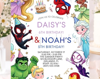 Princess and Avengers Birthday Invitation, Watercolor Superhero Party Invite, Spidey, Hulk, Editable, Canva, Printable.
