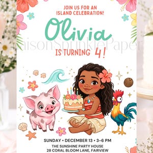 Puede incluir: Una invitación de cumpleaños con una niña de dibujos animados sosteniendo un pastel, un cerdo y un gallo. El texto dice: JOIN US FOR AN ISLAND CELEBRATION! Olivia IS TURNING 4! SUNDAY DECEMBER 13 3-6 PM THE SUNSHINE PARTY HOUSE 28 CORAL BLOOM LANE FAIRVIEW RSVP TO LEILANI 555-0176.