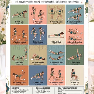 May include: A Military Calisthenics Workout Plan poster featuring sixteen illustrated bodyweight exercises with repetition counts, a benefits list, success tips, and a mini progress tracker section for tracking fitness goals over four weeks.
