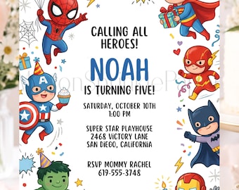 Invitación de cumpleaños de los Vengadores, invitación de fiesta de superhéroes en acuarela, Spider-Man, Capitán América, Iron Man, Hulk, editable, Canva, imprimible.