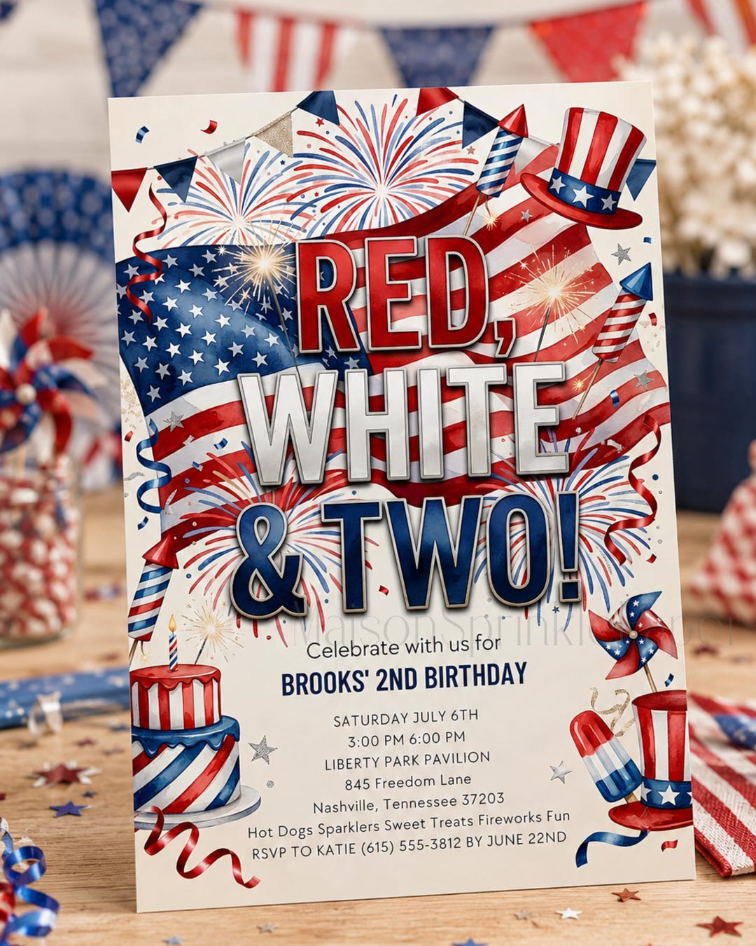 Red White and Two Birthday Invitation, 2nd Birthday Invite Template ...