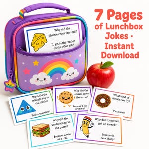 May include: A purple lunchbox with a rainbow and cloud graphic, featuring a star-shaped zipper pull. Five rectangular cards with colorful borders display jokes about food and school supplies, accompanied by a red apple with a green leaf.