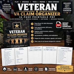 Könnte beinhalten: Ein 16-seitiger, druckbarer PDF-Veteran VA Claim Organizer mit einem dunklen Einband, einem goldenen Stern, Silhouetten von vier Soldaten und dem Text 'Veteran VA Claim Organizer'. Enthält Seiten für persönliche Daten, medizinische Protokolle.
