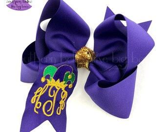 Personalized Mardi Gras Bow with Embroidered Monogram Purple Mardi Gras Boutique Bow Mardi Gras Hair Bow Mardi Gras Baby Shower Gift
