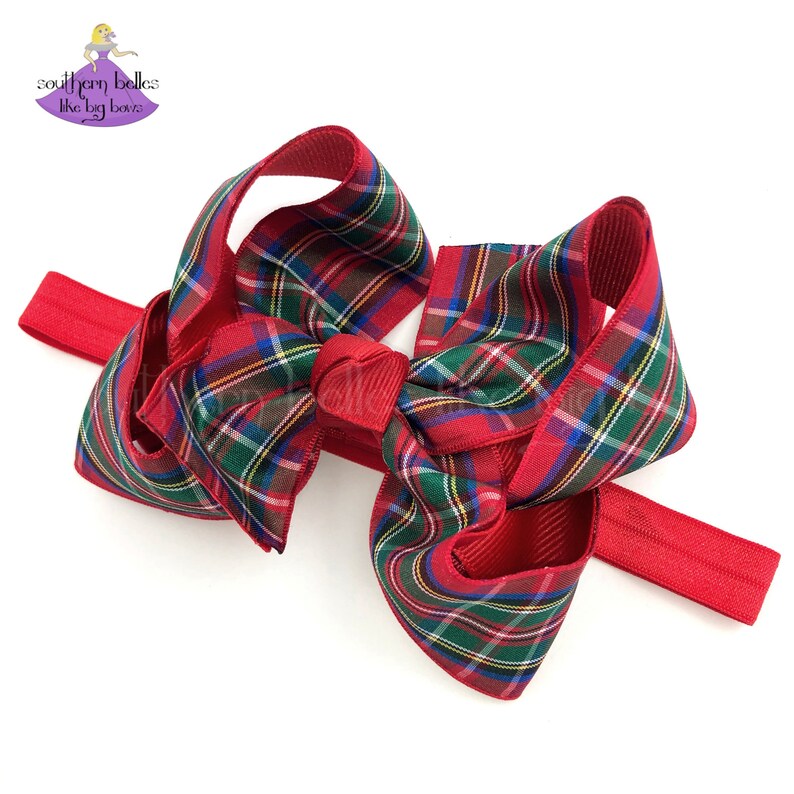 Christmas Plaid Bow for Baby Girls on Headband Baby Girl Christmas Headband with Plaid Ribbon Bow Red Plaid Christmas Baby Bow Headband