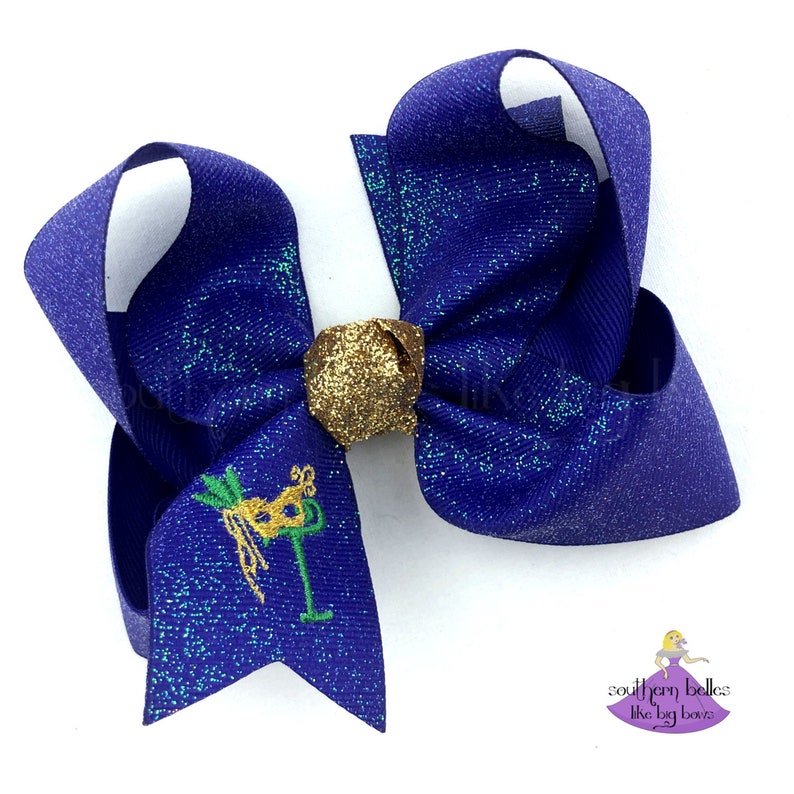 Personalized Mardi Gras Bow with Embroidered Monogram Purple Mardi Gras Boutique Bow Mardi Gras Hair Bow Mardi Gras Baby Shower Gift