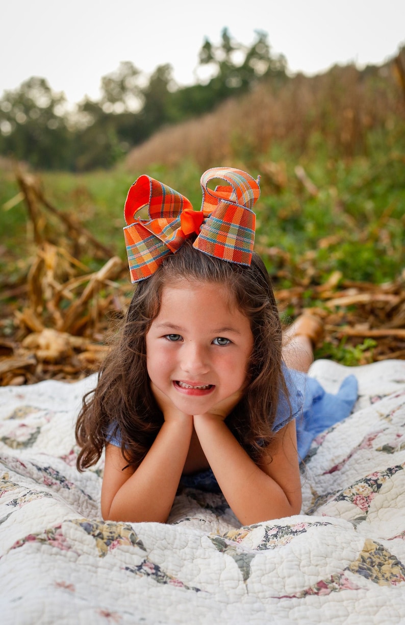 Big Boutique Bow for Fall with Plaid Check Check Fall Hair Bow Fall Plaid Hair Bow