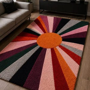 Hand tufted Retro Sunburst Tufted Area Rug - Mid Century Modern Colorful Aesthetic Carpet
