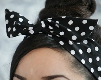 Polka dot Pin-up bow, Rockabilly polka dot bow, Black Polka dot dolly bow head bands, Polka dot turban A1