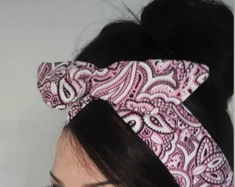 Pink Paisley dolly bow headband , pink bandana,  Chic Head wrap, A1