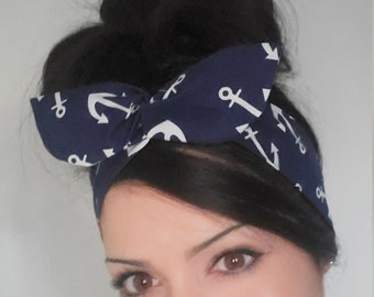 Anchor pin up bow, Nautical bow, Blue Anchor Dolly bow Headband, hair bow head band A1