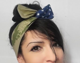 Army hair bow, Monogram American flag headband, Dolly bow headband