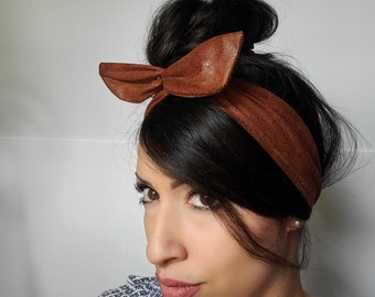 Faux leather bow, brown leather head band, Dolly Bow, pin up bow, hair bow, Dolly bow Headband, hair bow head band