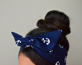 Nautical Blue Anchor Dolly bow Headband, hair bow head band A1