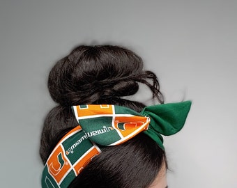 UM headband, University of Miami wire Dolly bow, hair bow head band, hair bow