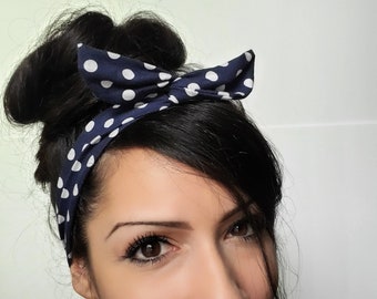 Blue polka dot bow, dolly bow, purple polka dot dolly bow headband- Dollybow Head Band A1