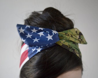 US Navy NWU type III bow, American headband,  Patriotic Dolly bow, Woodland American Flag head band, hair bow, A1