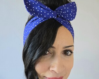 Blue polka dot bow headband, wire dolly bow- Dollybow Head Band