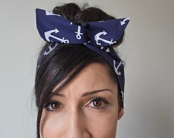 Anchor pin up bow, Nautical bow, Blue Anchor Dolly bow Headband, hair bow head band A1