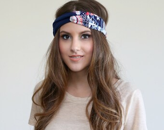 Bohemian Navy Turban, turban headband - head wrap - hippie - bohoJersey turban, Soft Jersey Knit head band