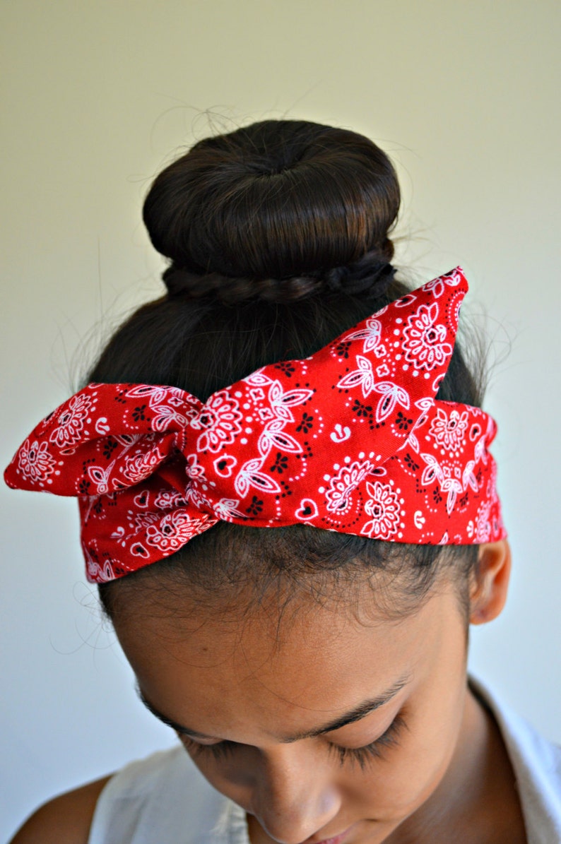Red Paisley dolly bow headband , red bandana, Chic Head wrap, A1 image 2