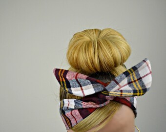 Carmine red Plaid dolly bow headband- Dollybow Head Band