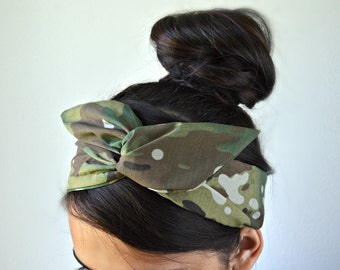 Army-Inspired Headband, Handmade Tactical Accessory – Multicam Scorpion Camo Dolly Bow Headband – Military Camouflage Wired Hair Bow,