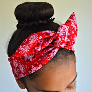 Red Paisley dolly bow headband , red bandana,  Chic Head wrap, A1