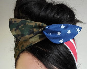 US Marpat bow, woodlands Camo American headband,  Patriotic Dolly bow, Woodland American Flag head band, hair bow, A1