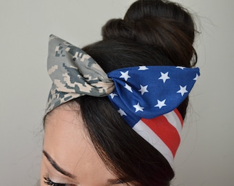Air Force Dolly bow Headband | Wire Patriotic Camo & Stars Dolly Bow | Adjustable Hair Accessory | American Flag-Inspired Headband